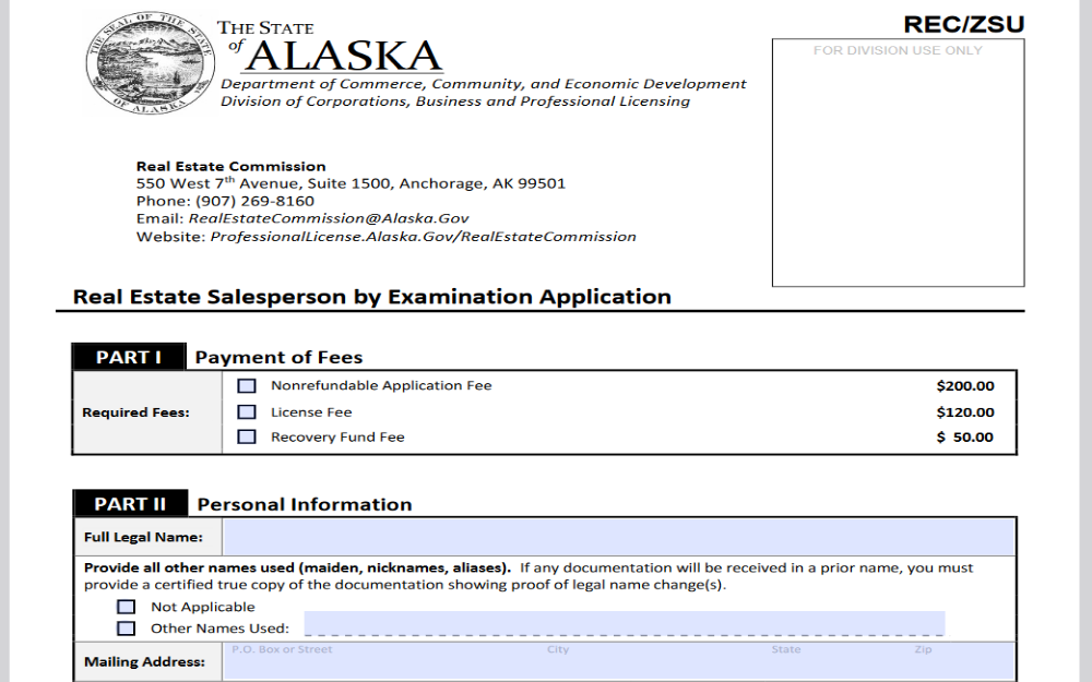 A screenshot of the top portion of a Real Estate Salesperson by Examination Application form from the State of Alaska, including sections for payment of fees and personal information.