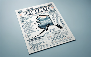 A thin stack of papers on a flat surface showing the map of Alaska on a practice test of the real estate licensure exam.